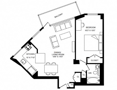 Floor plan for 1 bed, 1 bath, 705 sqft